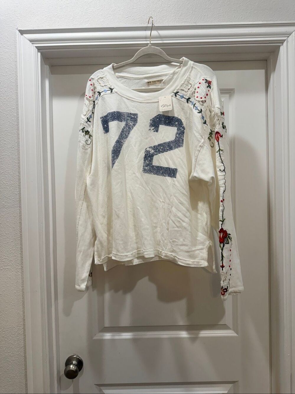 Free People Thermal Top XL Ivory Floral Embroidered Long Sleeve Number 72 Shirt